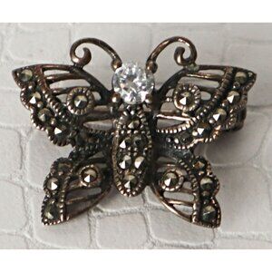 Vintage 925 Silver Crystal and Marcasite Butterfly Sterling Silver Brooch Pin